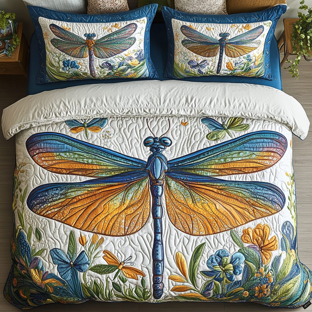 Garden Glider quilted 3-piece bedding set on a made bed with two matching pillow shams