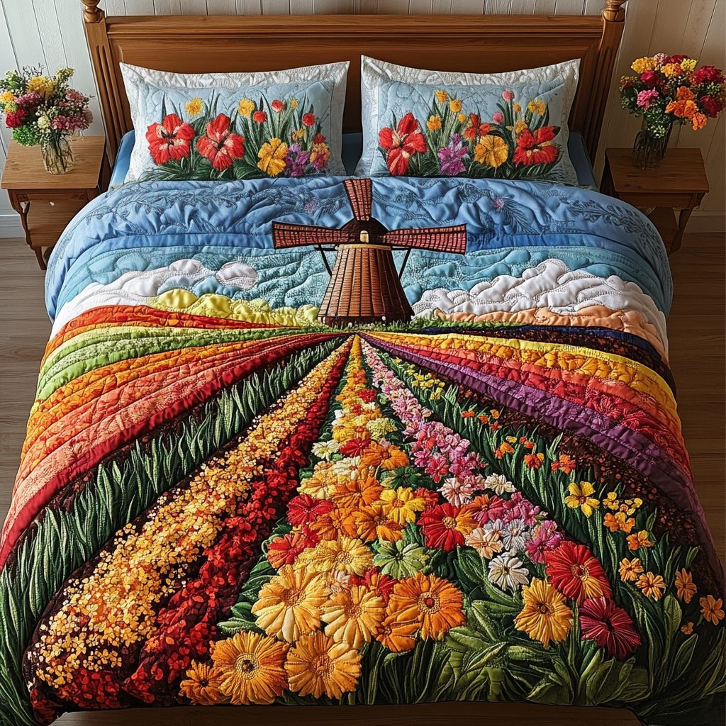 Garden Glory quilted 3-piece bedding set on a made bed with two matching pillow shams