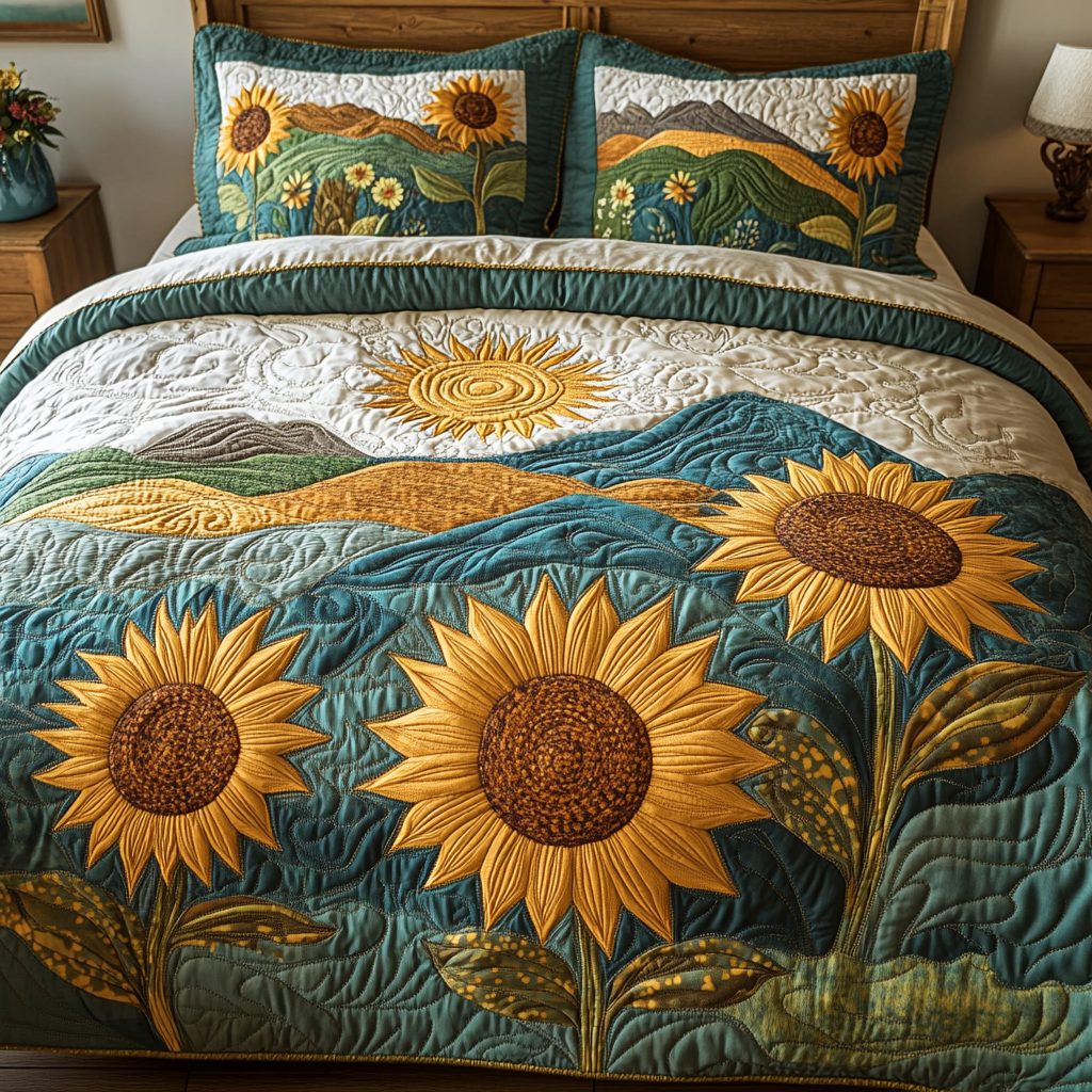Garden Glow quilted 3-piece bedding set on a made bed with two matching pillow shams