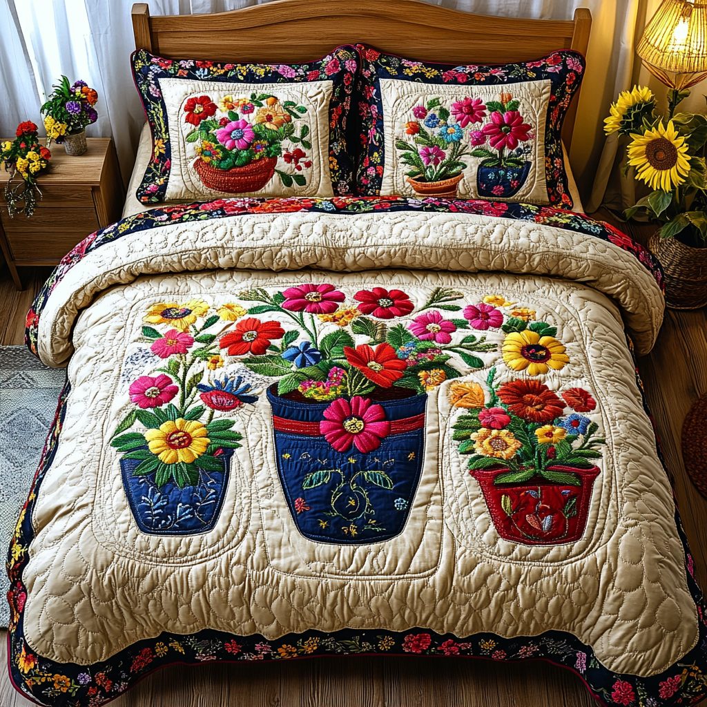 Garden Glow quilted 3-piece bedding set on a made bed with two matching pillow shams