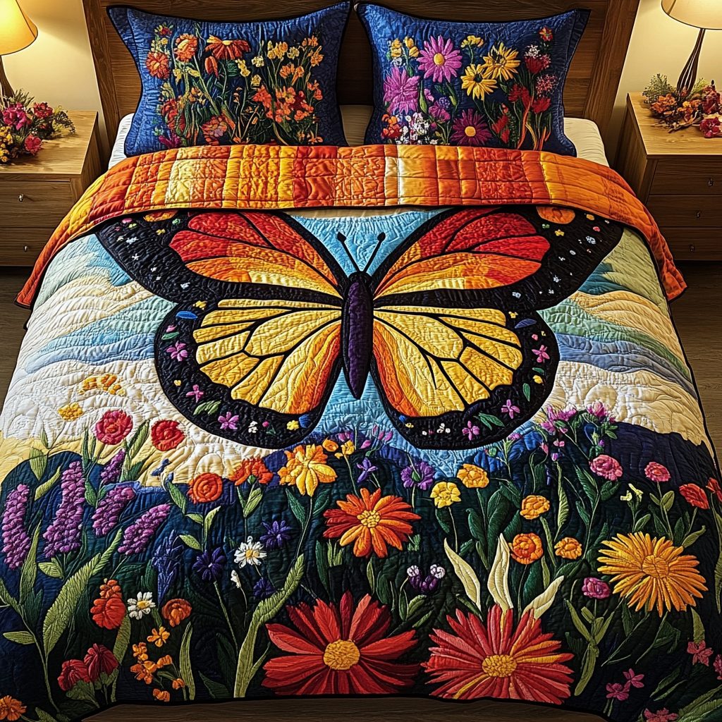 Garden Glow quilted 3-piece bedding set on a made bed with two matching pillow shams