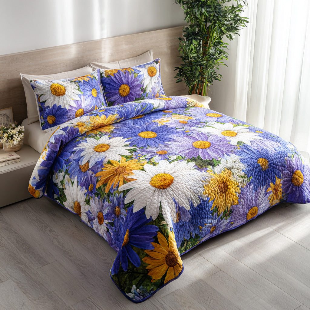 Garden Glow quilted 3-piece bedding set on a made bed with two matching pillow shams