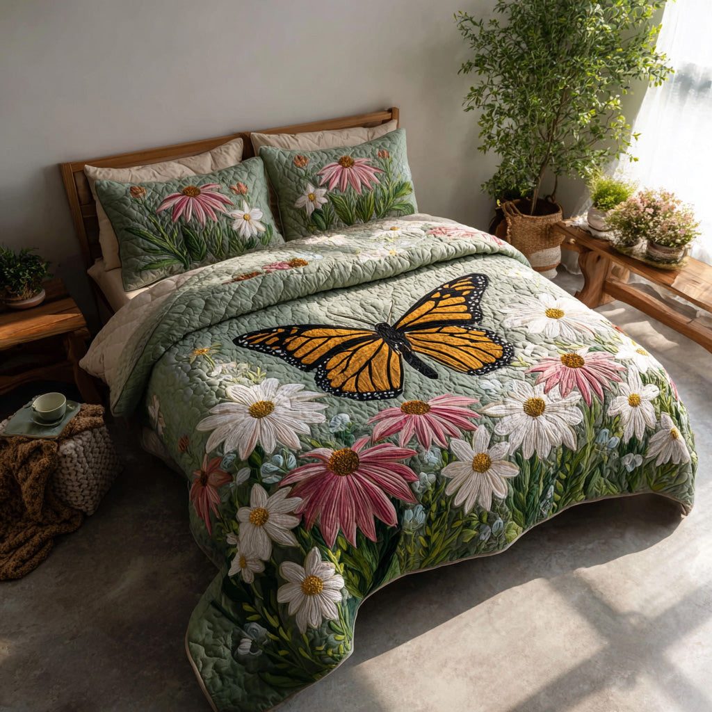 Garden Glow quilted 3-piece bedding set on a made bed with two matching pillow shams