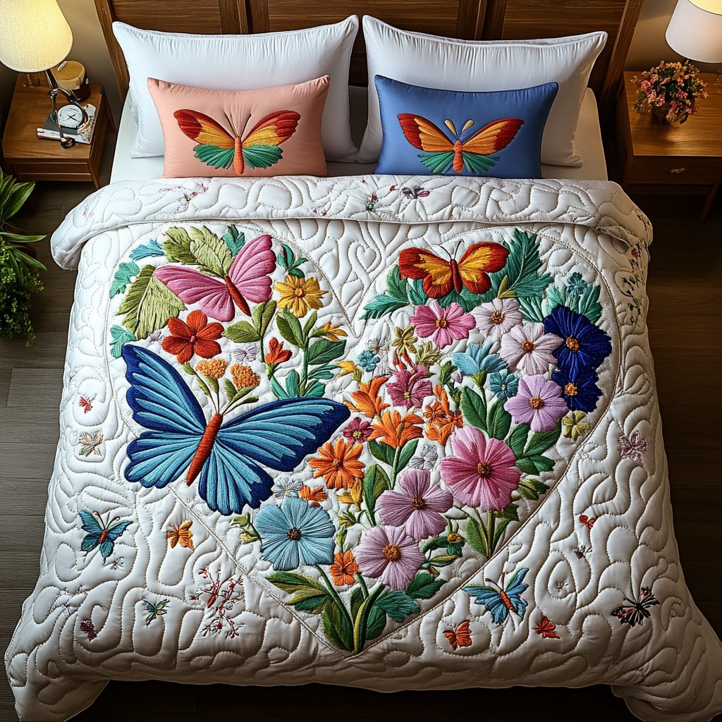 Garden Harmony quilted 3-piece bedding set on a made bed with two matching pillow shams