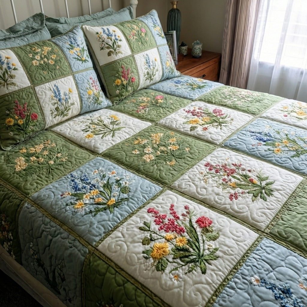 Garden Harmony quilted 3-piece bedding set on a made bed with two matching pillow shams