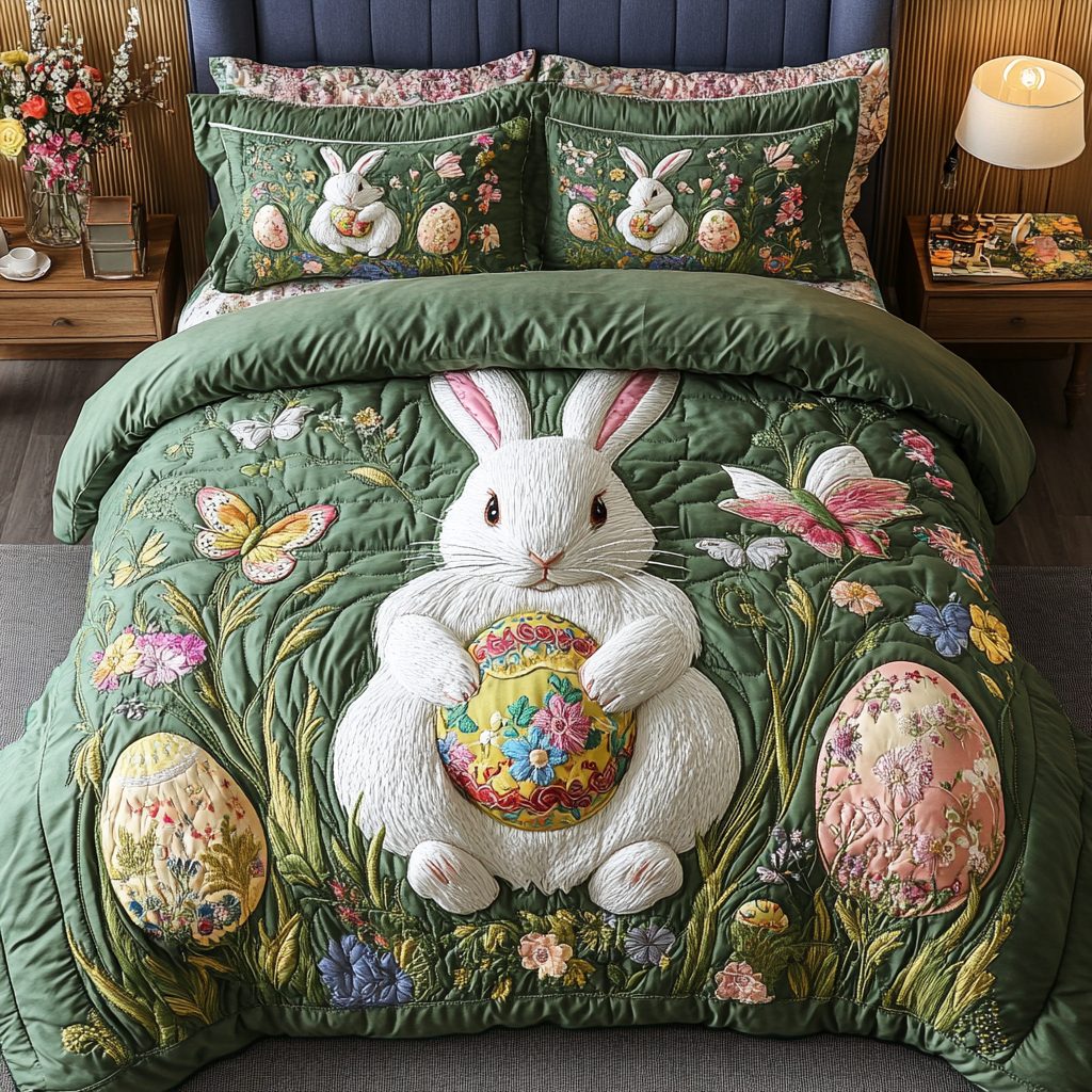 Garden Hops quilted 3-piece bedding set on a made bed with two matching pillow shams