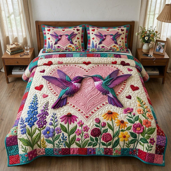 Garden Hover quilted 3-piece bedding set on a made bed with two matching pillow shams