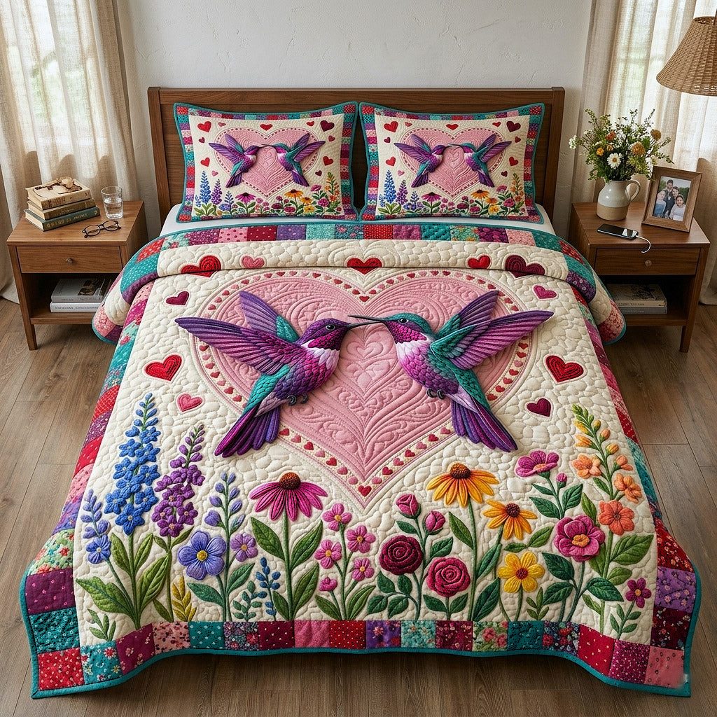 Garden Hover quilted 3-piece bedding set on a made bed with two matching pillow shams