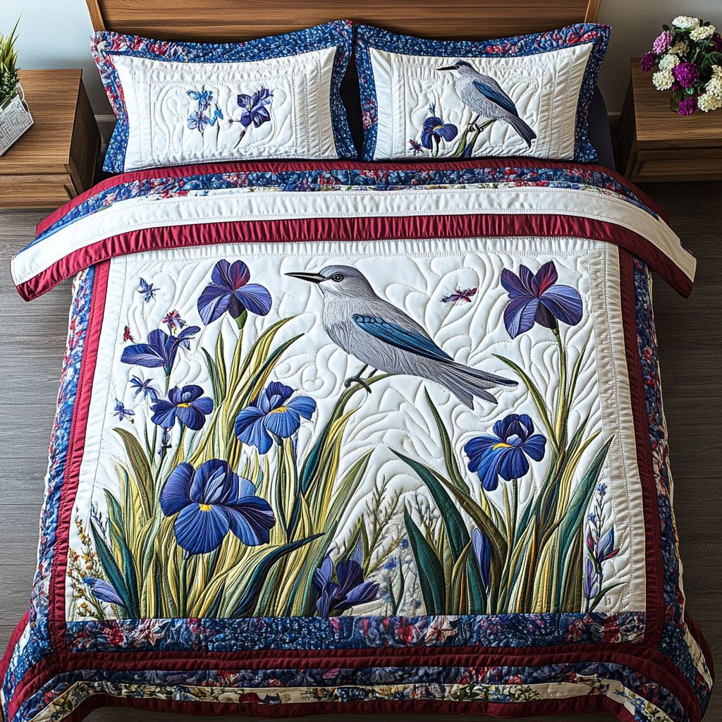 Garden Melody quilted 3-piece bedding set on a made bed with two matching pillow shams