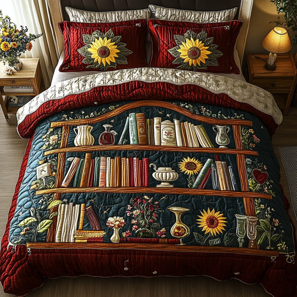Garden of Knowledge quilted 3-piece bedding set on a made bed with two matching pillow shams