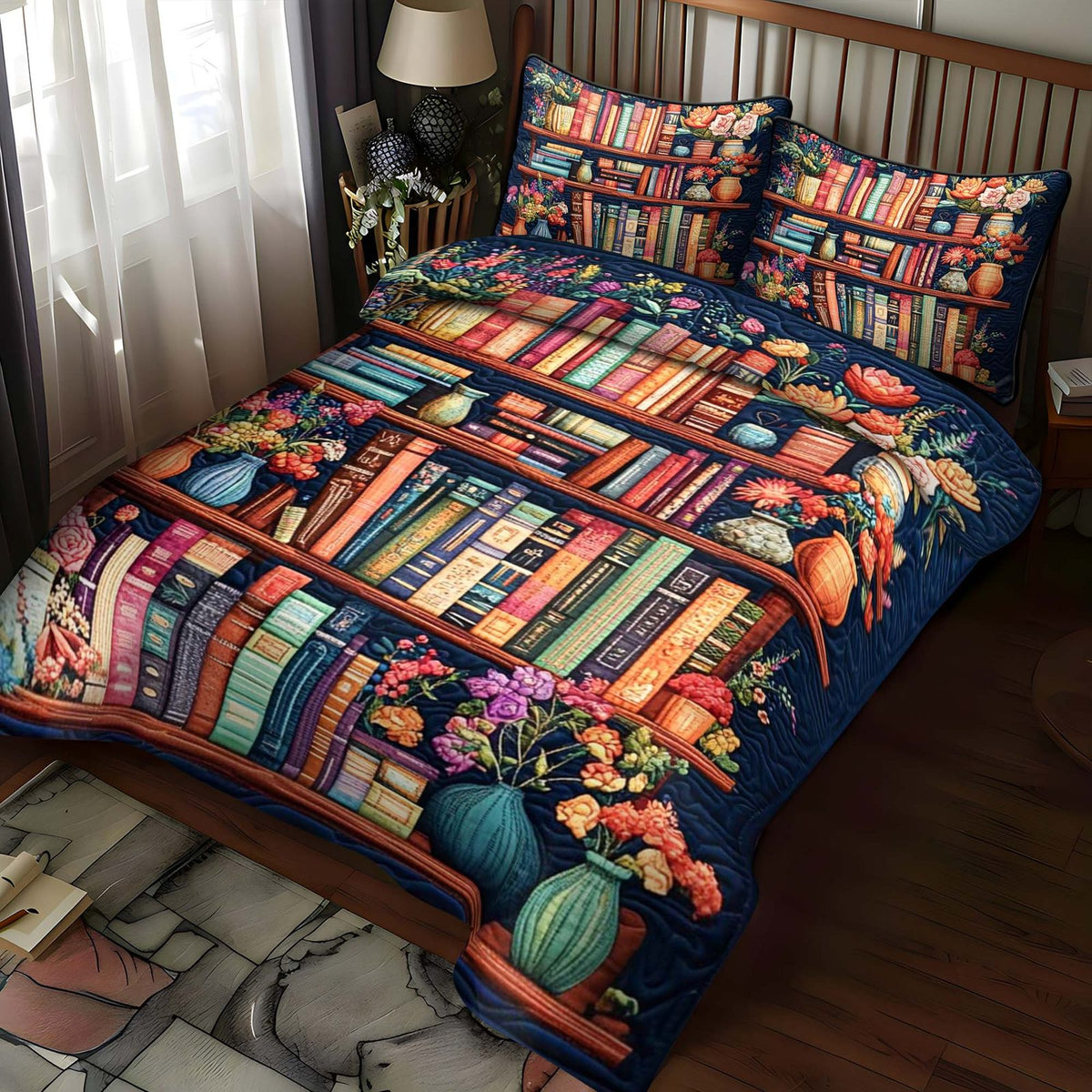 Garden Of Knowledge quilted 3-piece bedding set on a made bed with two matching pillow shams
