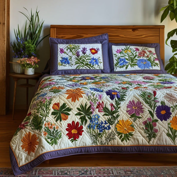 Garden of Texas quilted 3-piece bedding set on a made bed in a rustic timber bedroom