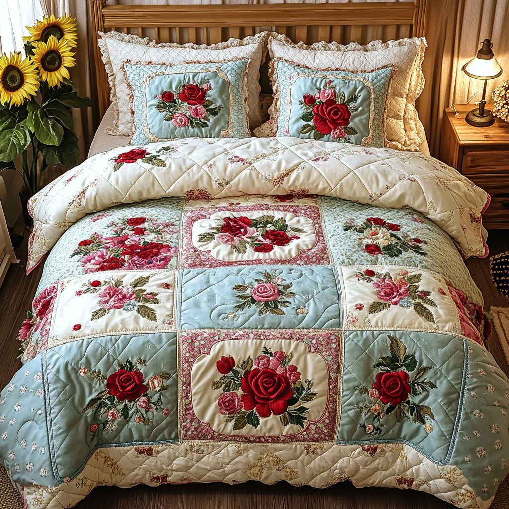 Garden Patch quilted 3-piece bedding set on a made bed with two matching pillow shams