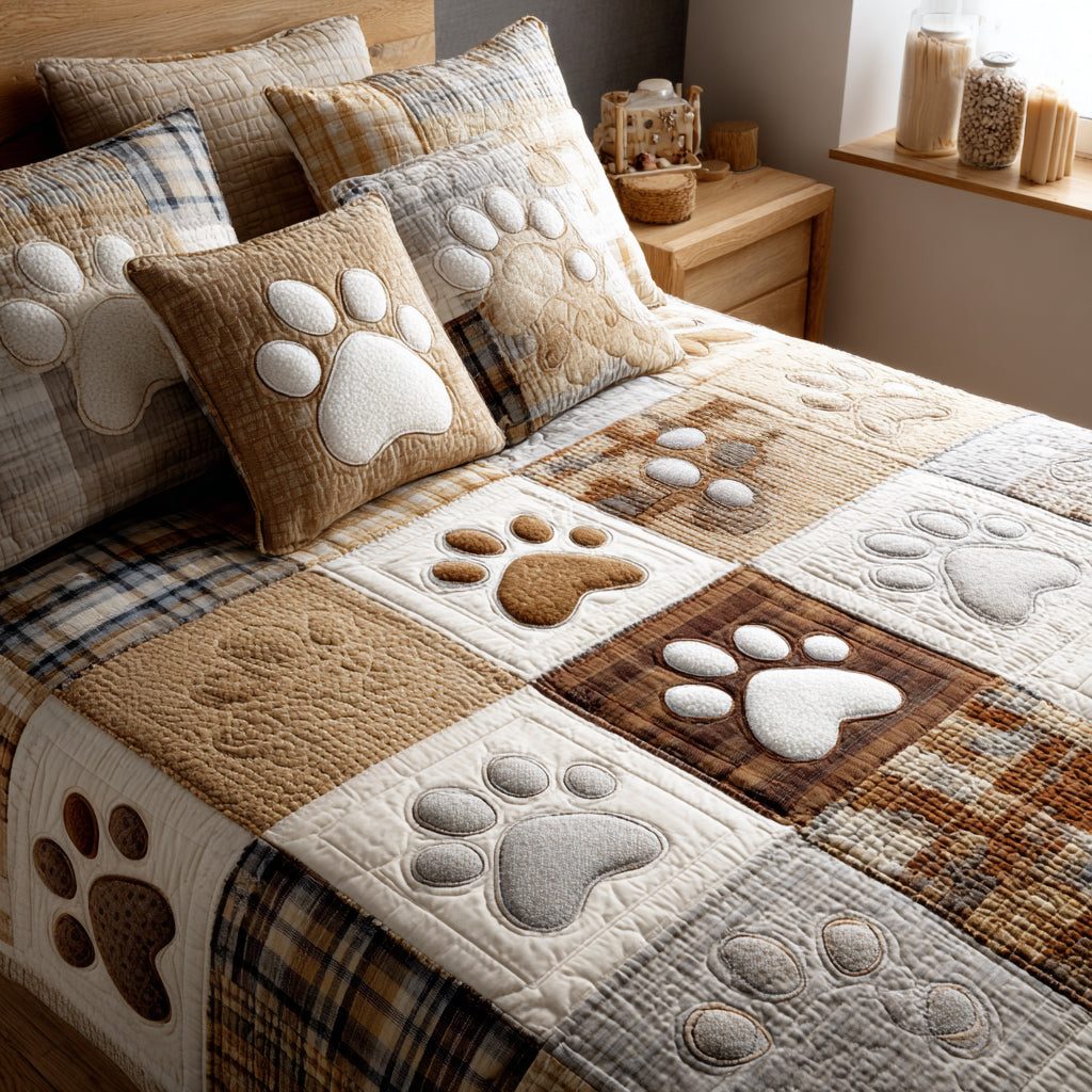 Garden Paws quilted 3-piece bedding set on a made bed with two matching pillow shams