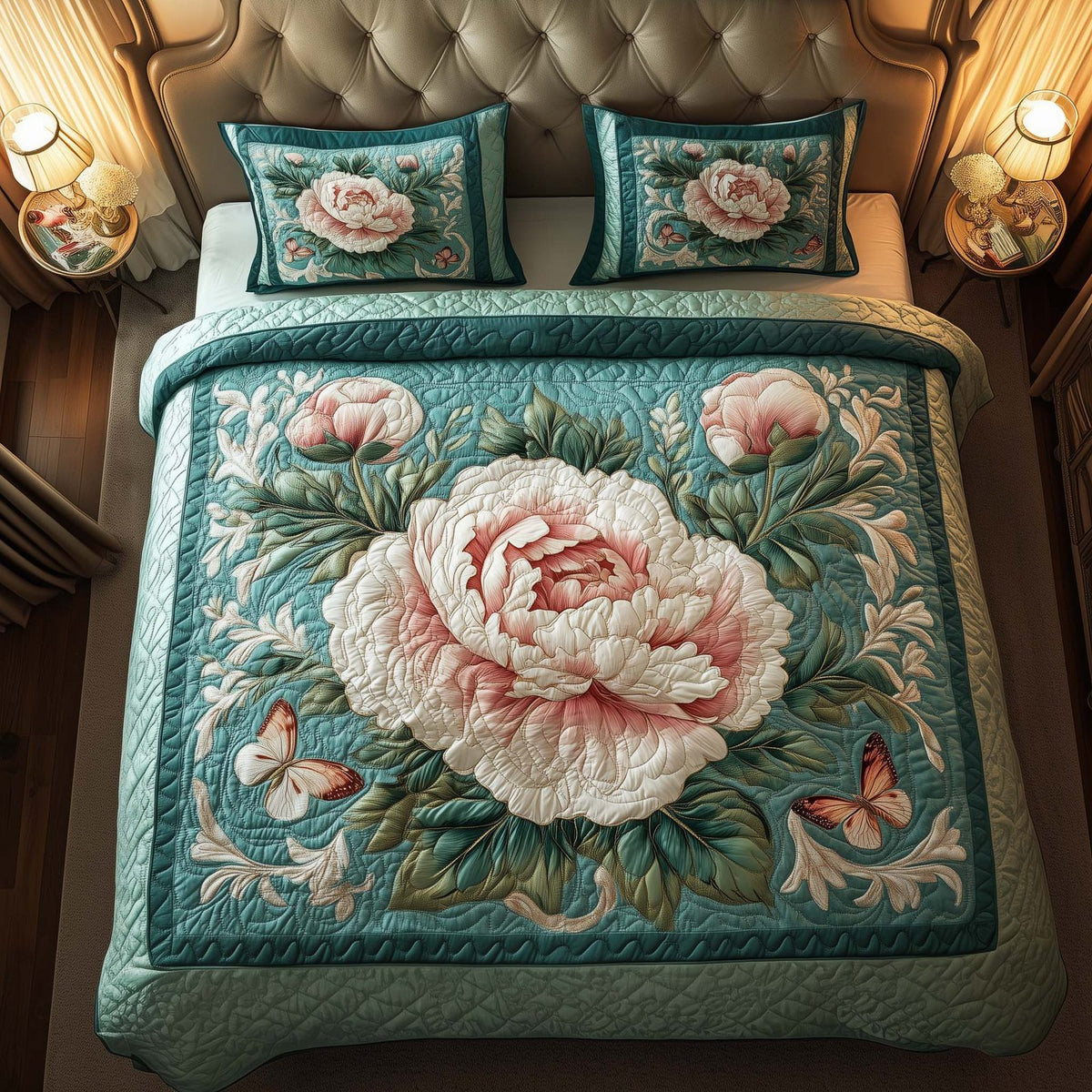 Garden Peony quilted 3-piece bedding set on a made bed with two matching pillow shams