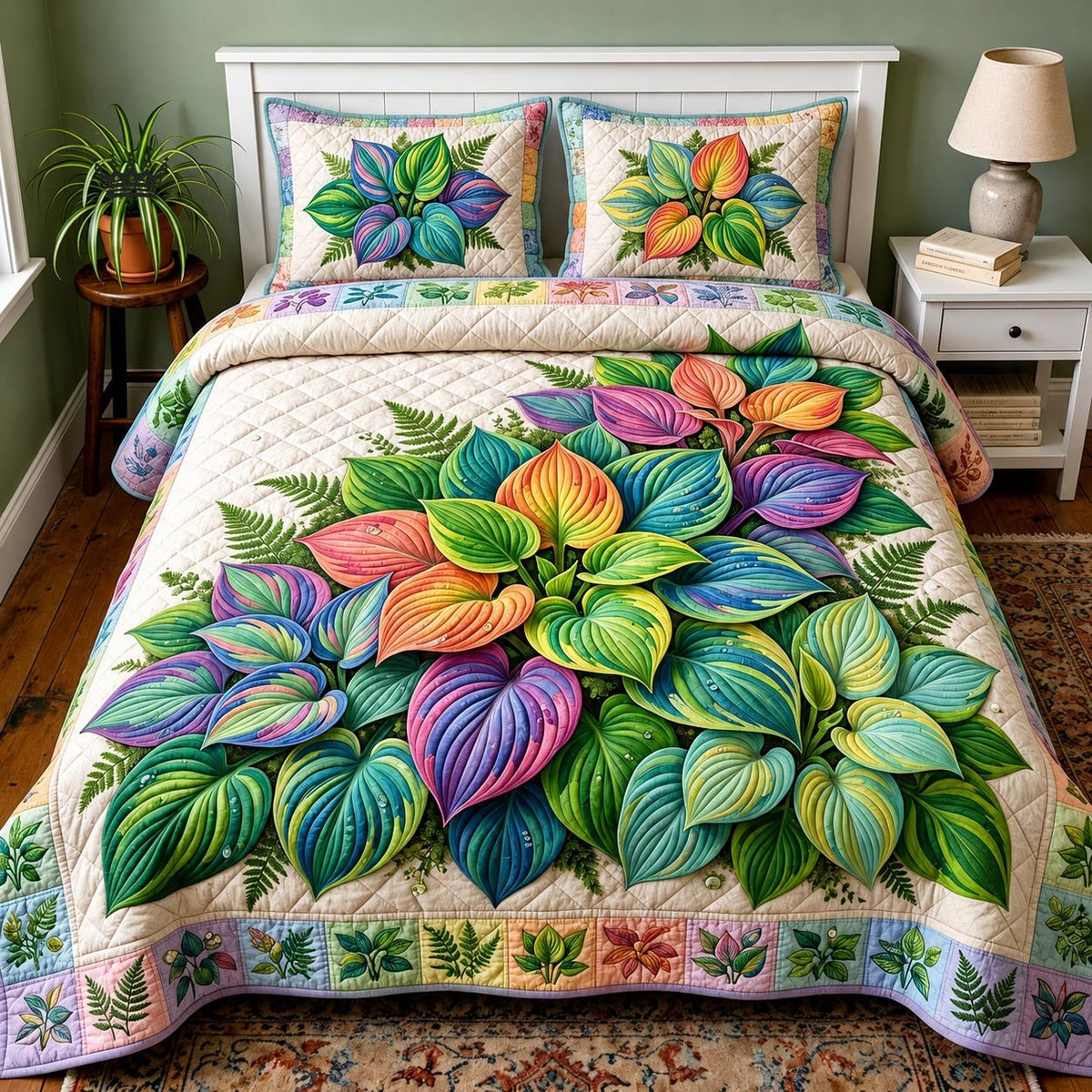 Garden Serenity quilted 3-piece bedding set on a made bed with two matching pillow shams