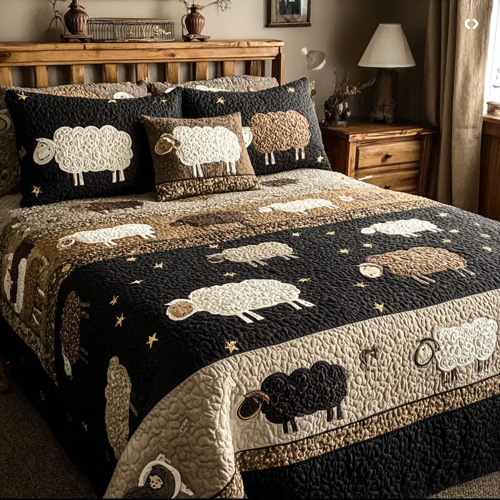 Garden Sheep quilted 3-piece bedding set on a made bed with two matching pillow shams