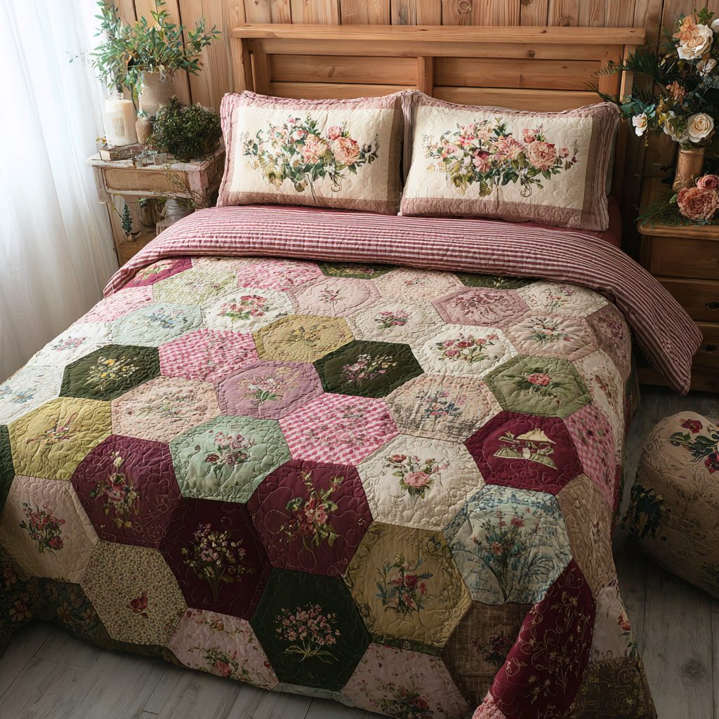 Garden Squares quilted 3-piece bedding set on a made bed with two matching pillow shams