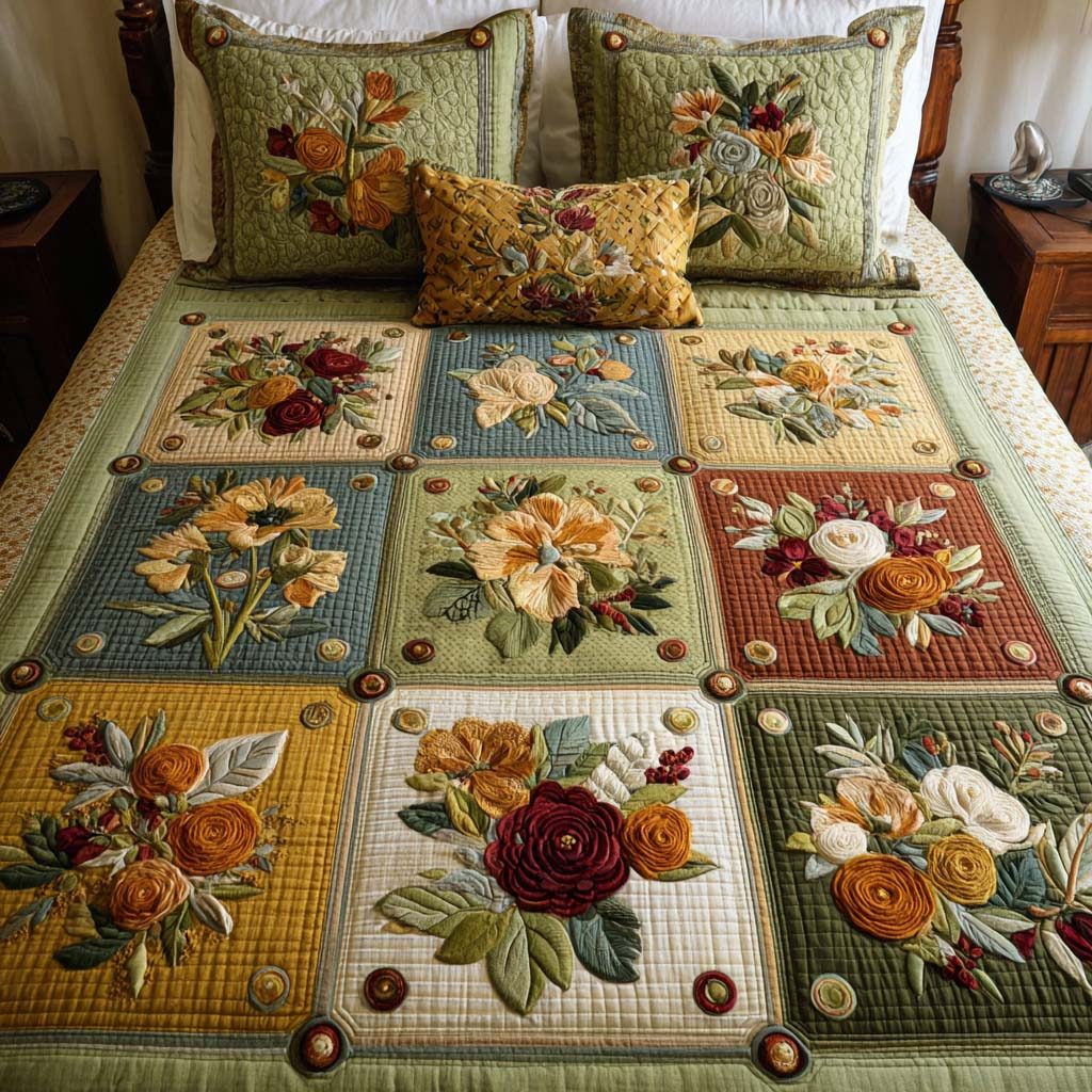 Garden Whimsy quilted 3-piece bedding set on a made bed with two matching pillow shams