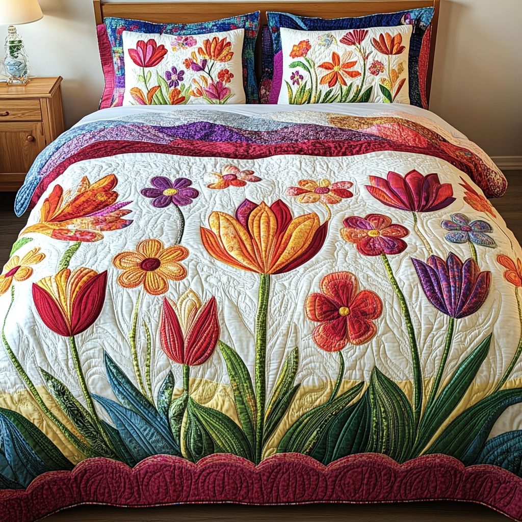 Garden Whimsy quilted 3-piece bedding set on a made bed with two matching pillow shams