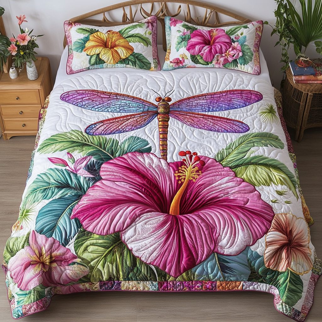 Garden Whimsy quilted 3-piece bedding set on a made bed with two matching pillow shams
