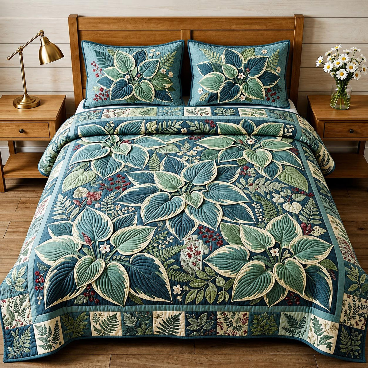 Garden Whisper quilted 3-piece bedding set on a made bed with two matching pillow shams
