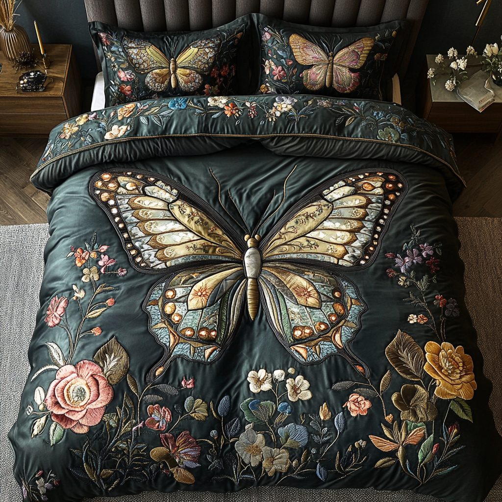 Garden Whisper quilted 3-piece bedding set on a made bed with two matching pillow shams