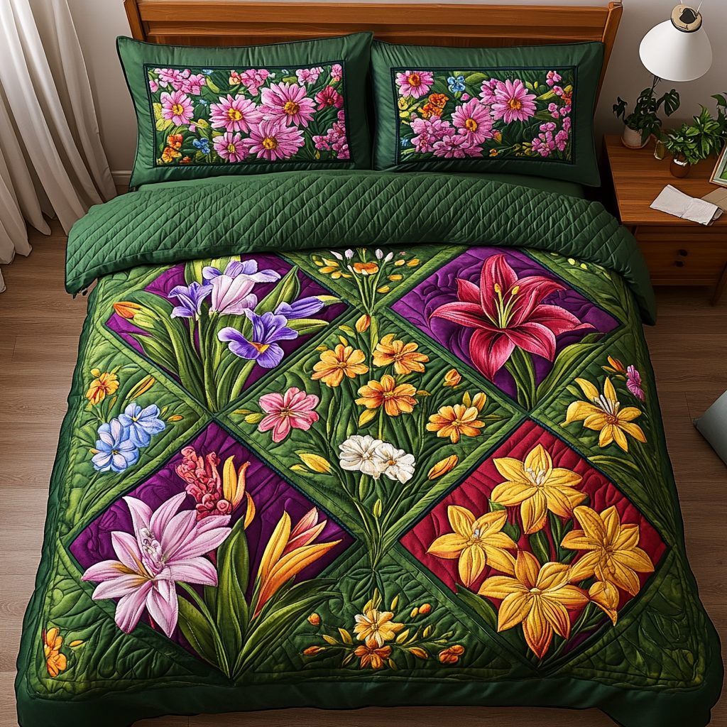 Garden Whispers quilted 3-piece bedding set on a made bed with two matching pillow shams
