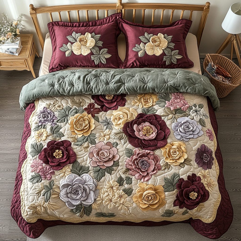 Garden Whispers quilted 3-piece bedding set on a made bed with two matching pillow shams