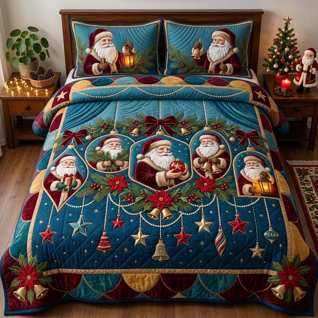 Garland of Santa Portraits quilted 3-piece bedding set on a made bed in a winter-styled bedroom