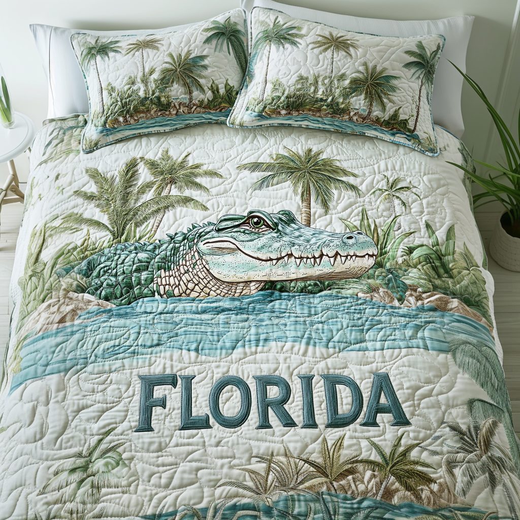 Gator Bayou quilted 3-piece bedding set on a made bed with two matching pillow shams