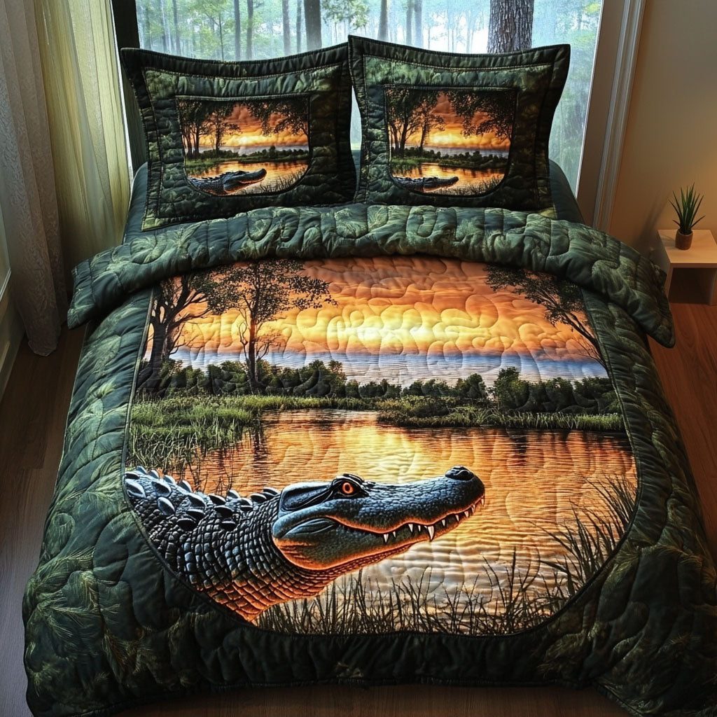 Gator Watch quilted 3-piece bedding set on a made bed with two matching pillow shams