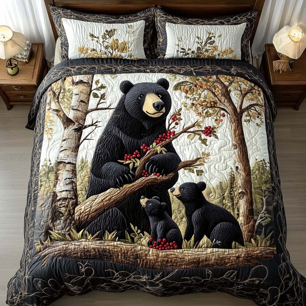 Gentle Bear quilted 3-piece bedding set on a made bed with two matching pillow shams