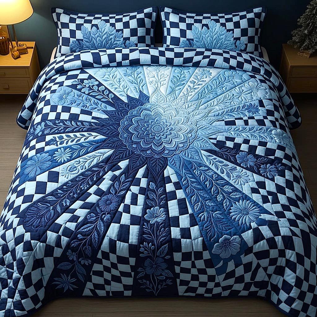 Gentle Bloom quilted 3-piece bedding set on a made bed with two matching pillow shams
