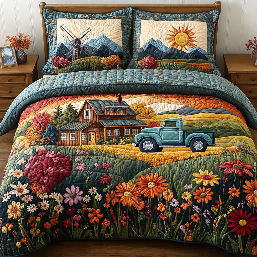 Gentle Breezes quilted 3-piece bedding set on a made bed with two matching pillow shams