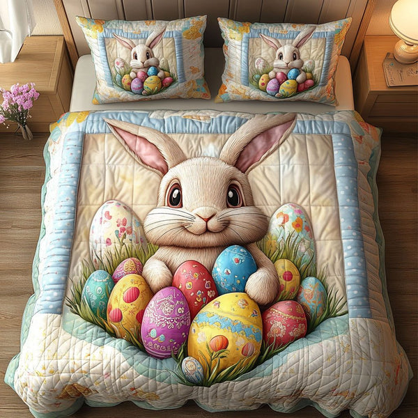 Gentle Bunny Joy quilted 3-piece bedding set on a made bed with two matching pillow shams