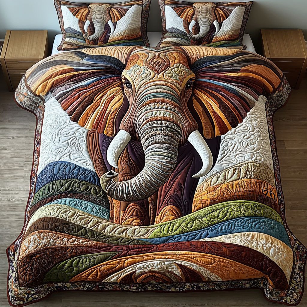 Gentle Giant Haven quilted 3-piece bedding set on a made bed with two matching pillow shams