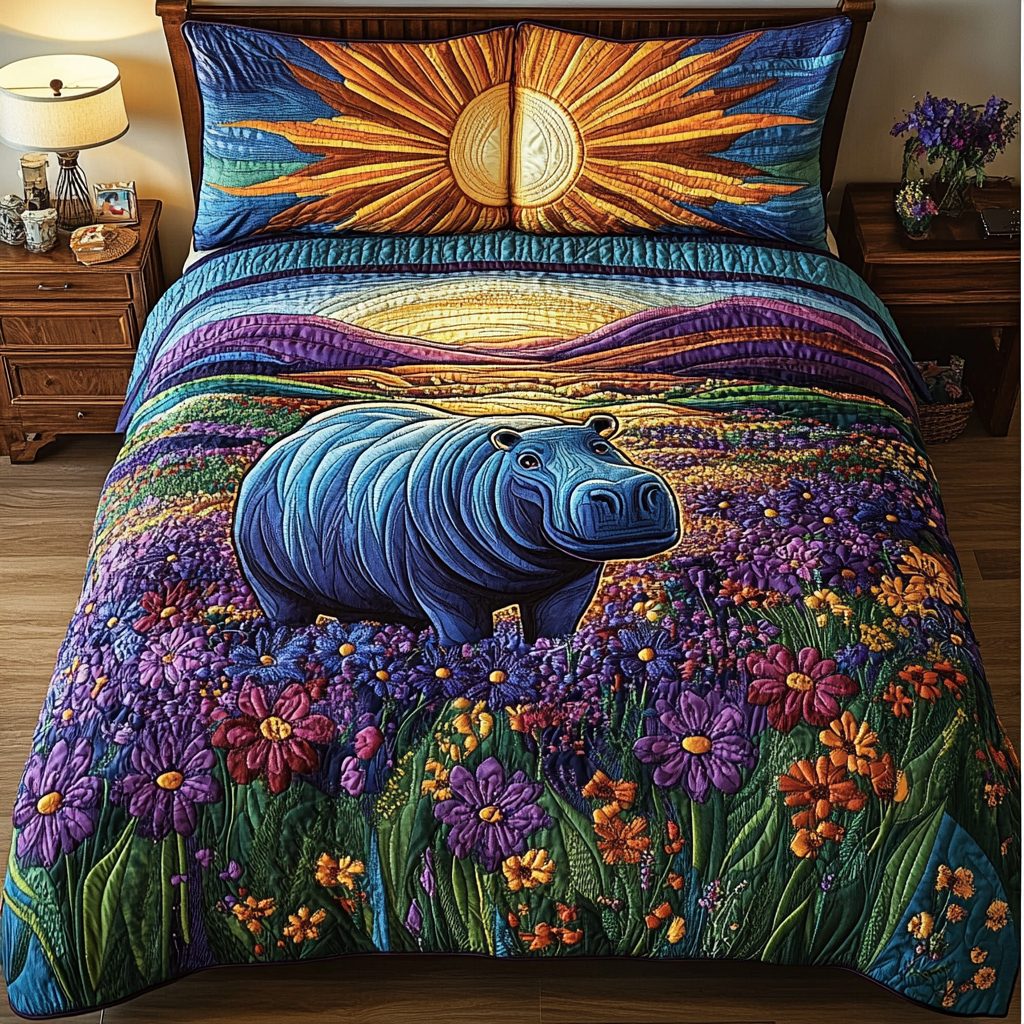Gentle Giant quilted 3-piece bedding set on a made bed with two matching pillow shams