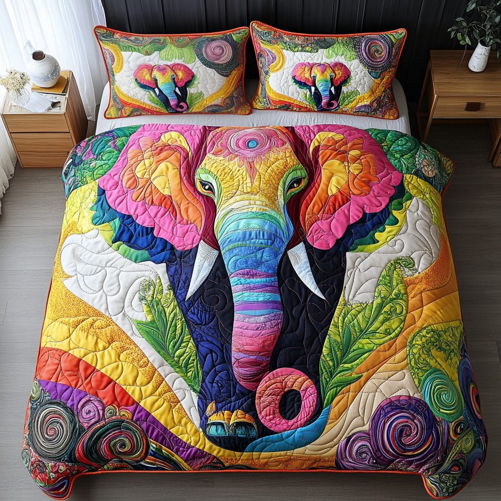 Gentle Giant quilted 3-piece bedding set on a made bed with two matching pillow shams