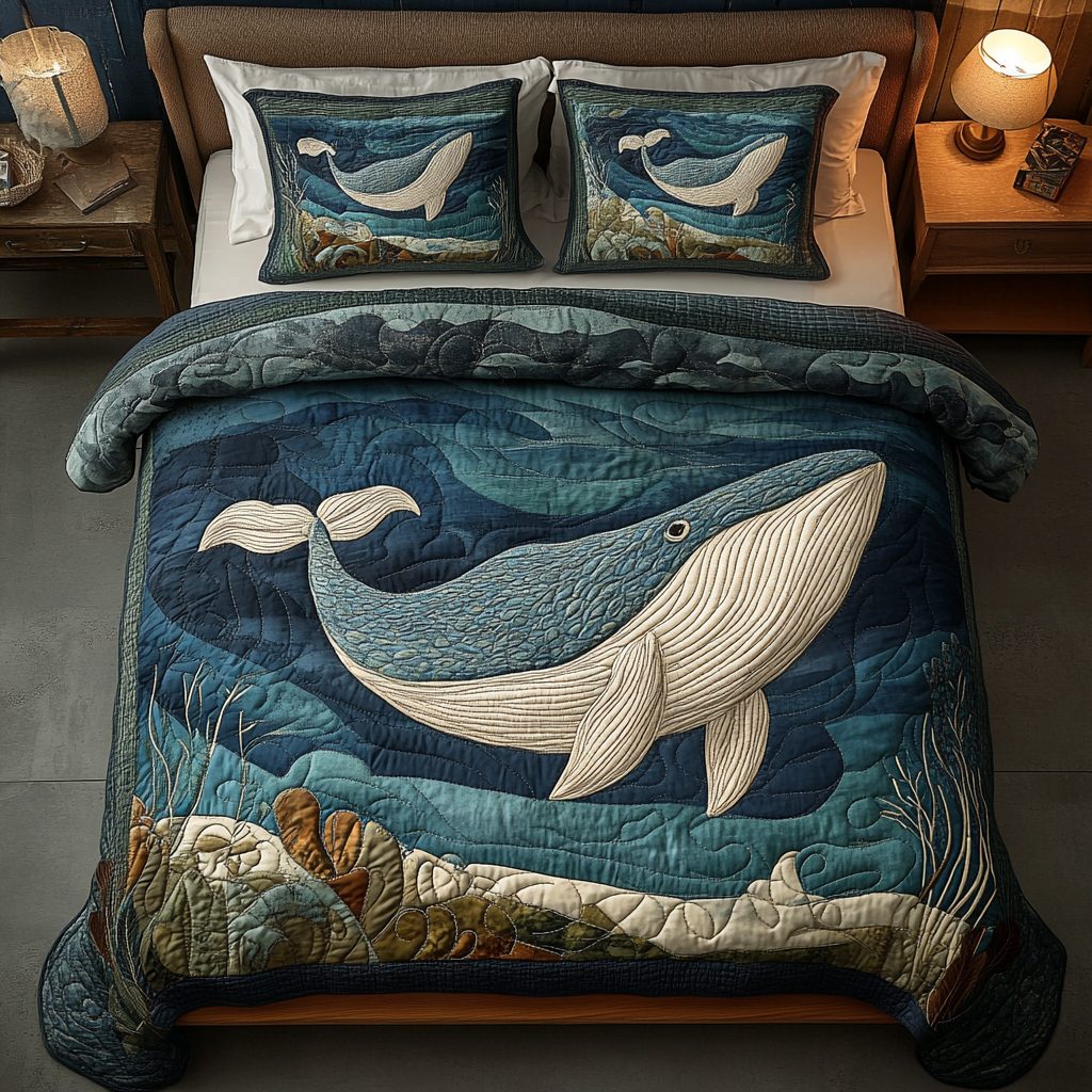 Gentle Giant quilted 3-piece bedding set on a made bed with two matching pillow shams