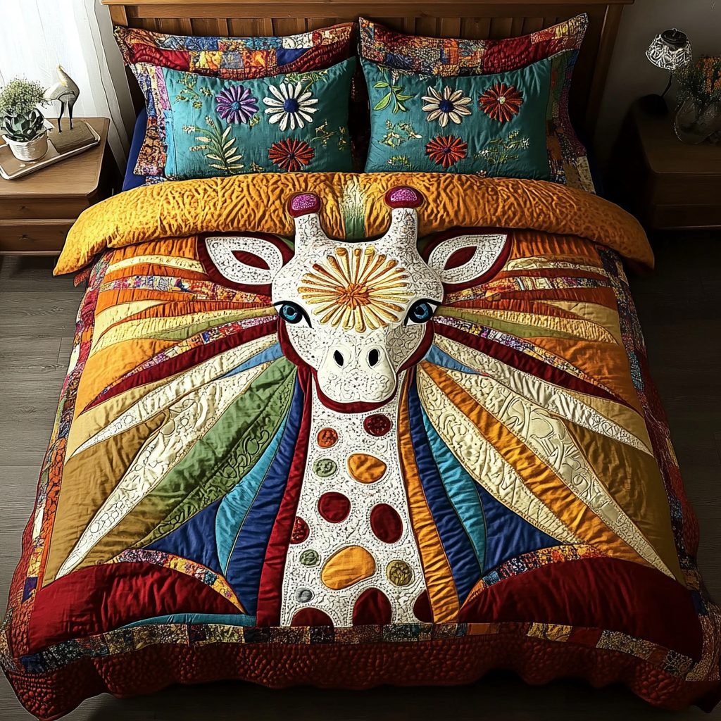 Gentle Giant quilted 3-piece bedding set on a made bed with two matching pillow shams