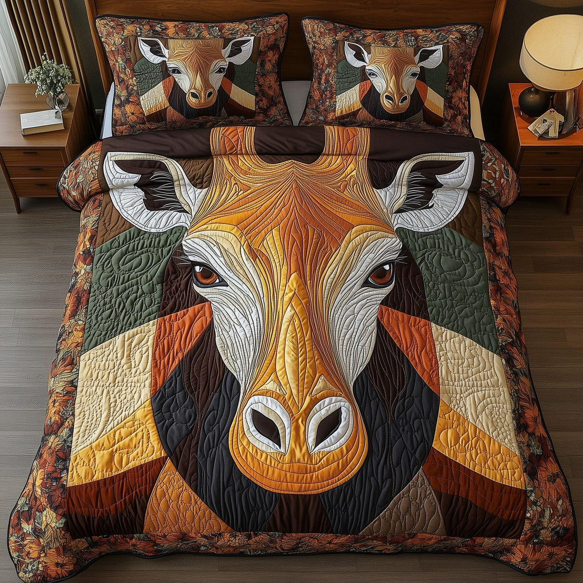 Gentle Giraffe quilted 3-piece bedding set on a made bed with two matching pillow shams