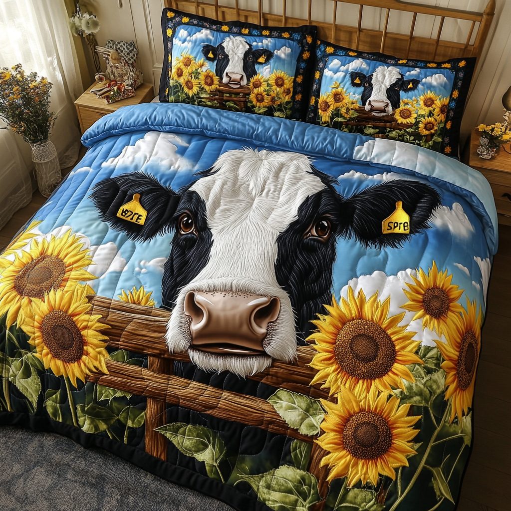 Gentle Grazer quilted 3-piece bedding set on a made bed with two matching pillow shams