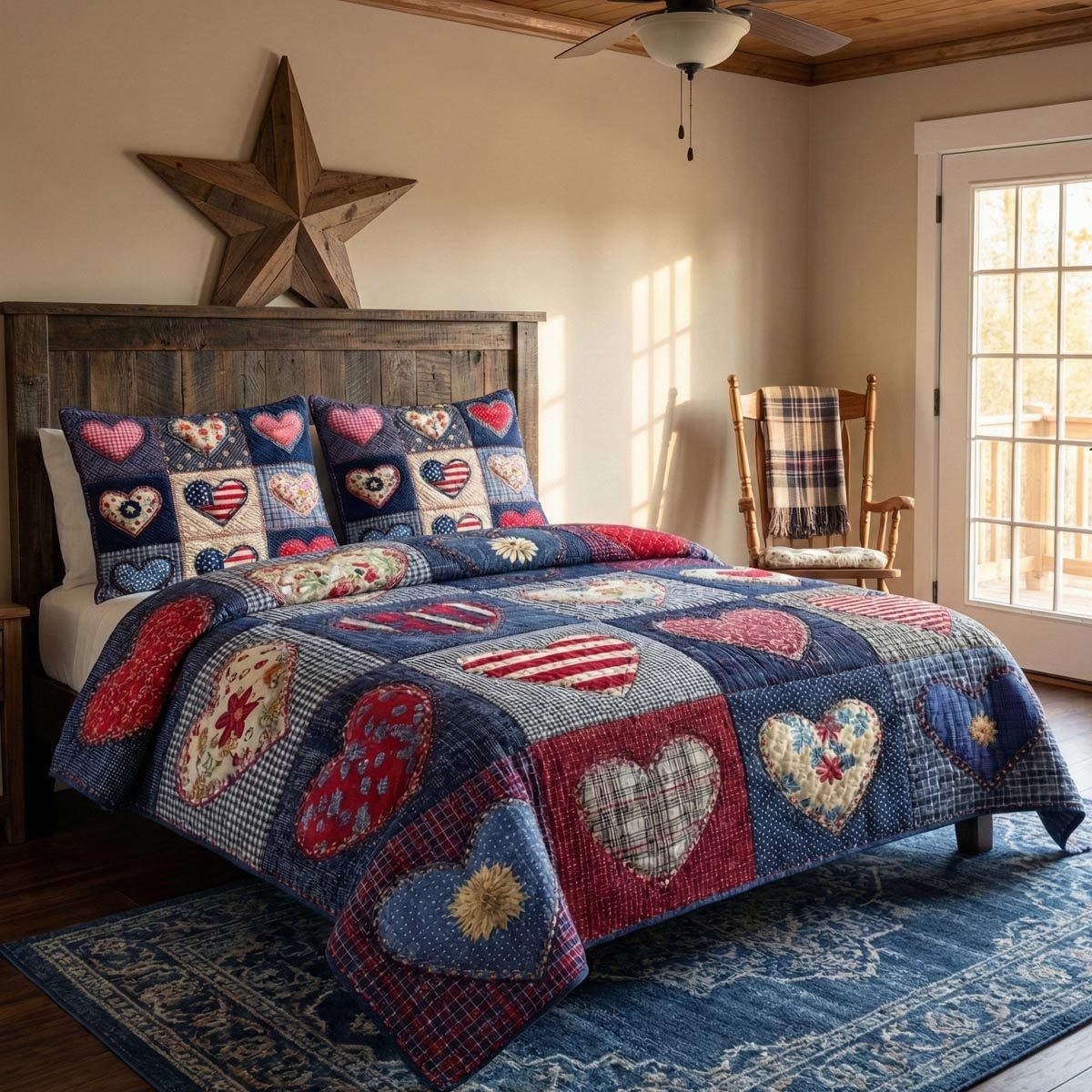Gentle Hearts quilted 3-piece bedding set on a made bed with two matching pillow shams