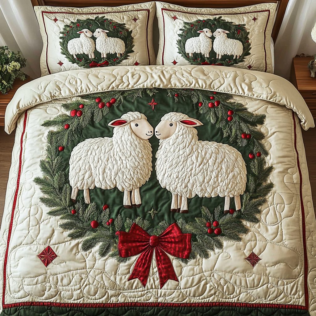 Gentle Lamb quilted 3-piece bedding set on a made bed with two matching pillow shams
