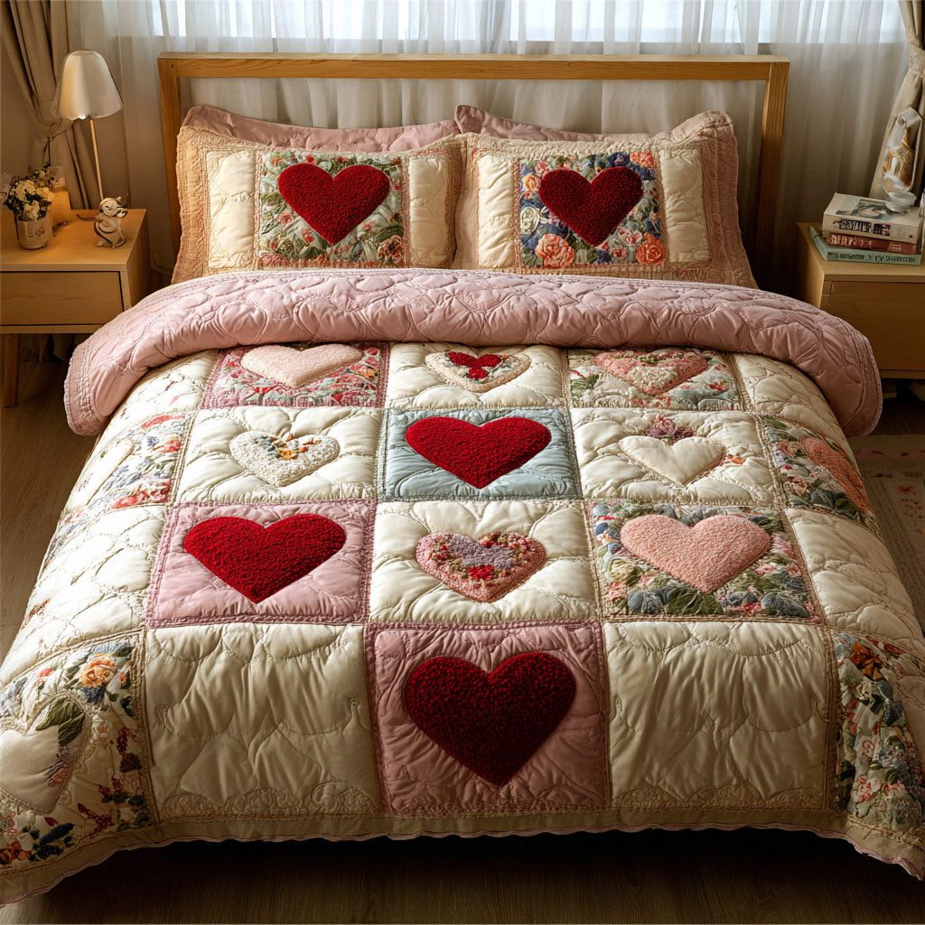 Gentle Love quilted 3-piece bedding set on a made bed with two matching pillow shams