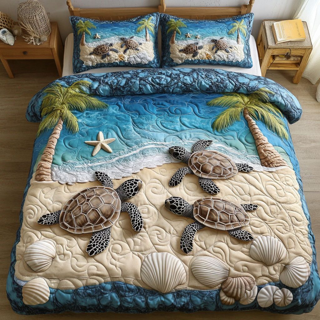 Gentle Mariner quilted 3-piece bedding set on a made bed in a warmly lit bedroom