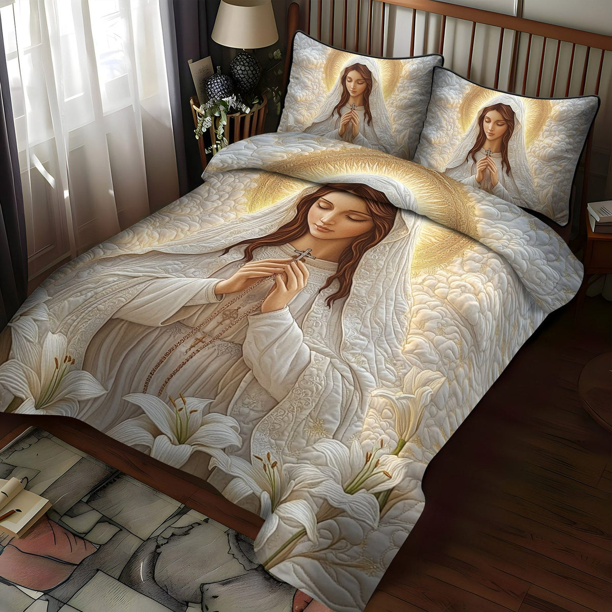 Gentle Mercy quilted 3-piece bedding set on a made bed with two matching pillow shams