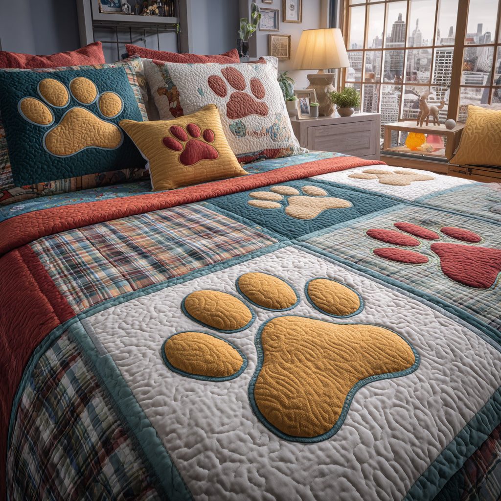 Gentle Paws quilted 3-piece bedding set on a made bed with two matching pillow shams