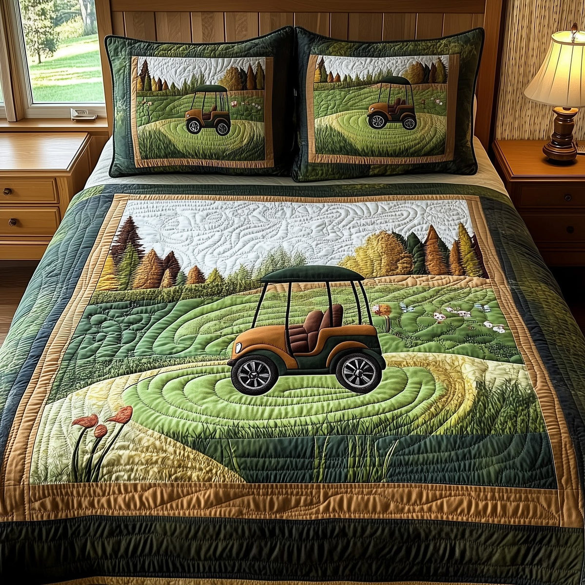Gentle Rounds quilted 3-piece bedding set on a made bed with two matching pillow shams